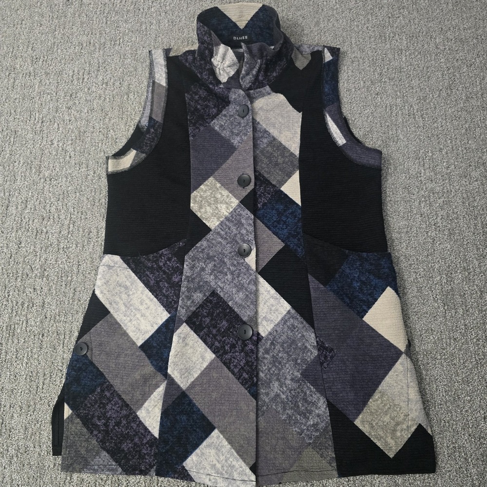 Damee Korea Geometric Tunic Vest S Button Front High‎ Neck Artsy Lagenlook